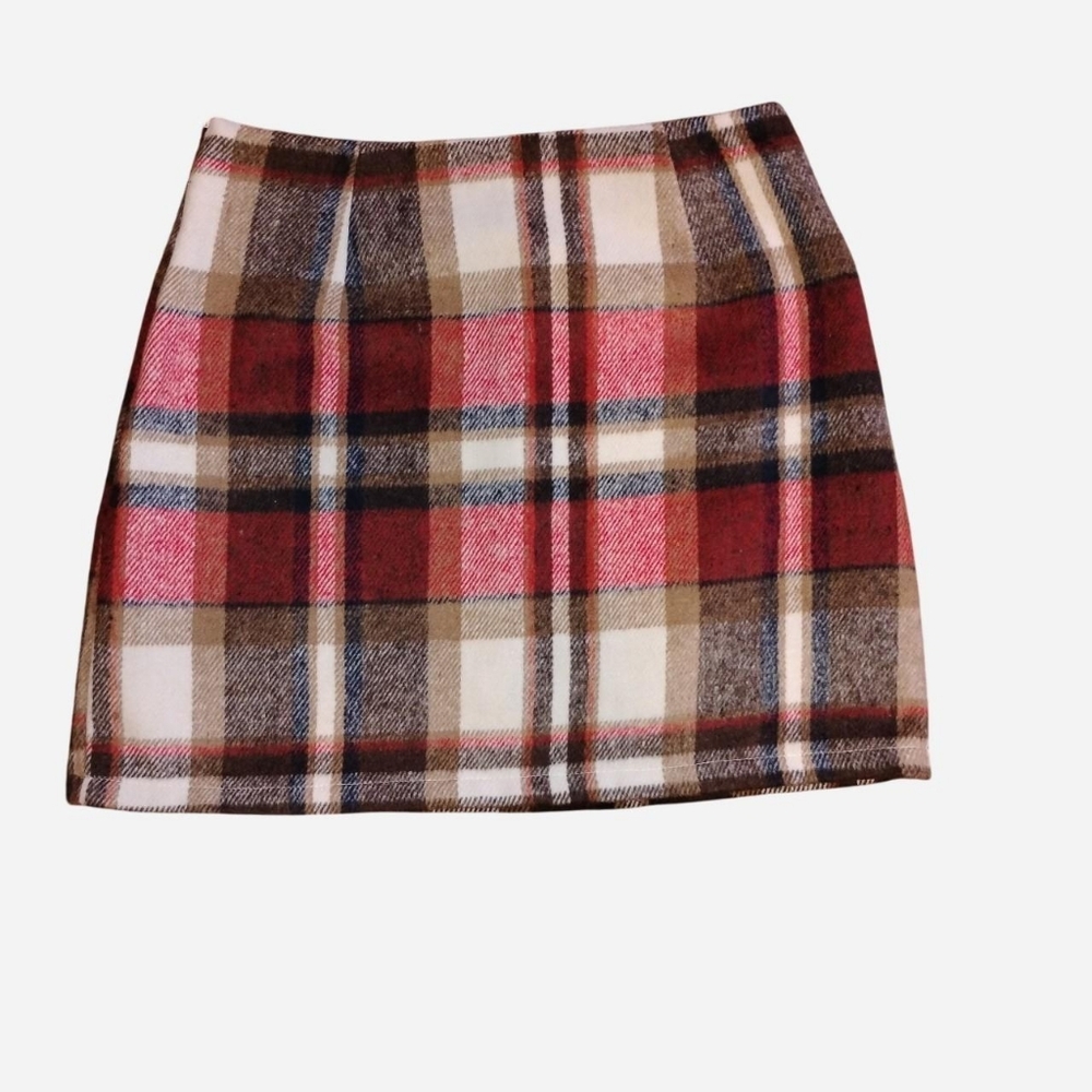 Classic Plaid Wool-Blend Mini Skirt - Burgundy & Cream - Size Small